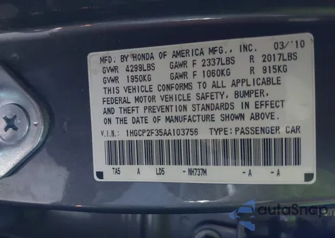 2010 Honda Accord 2.4 Lx from USA, damaged, VIN 1HGCP2F35AA103756